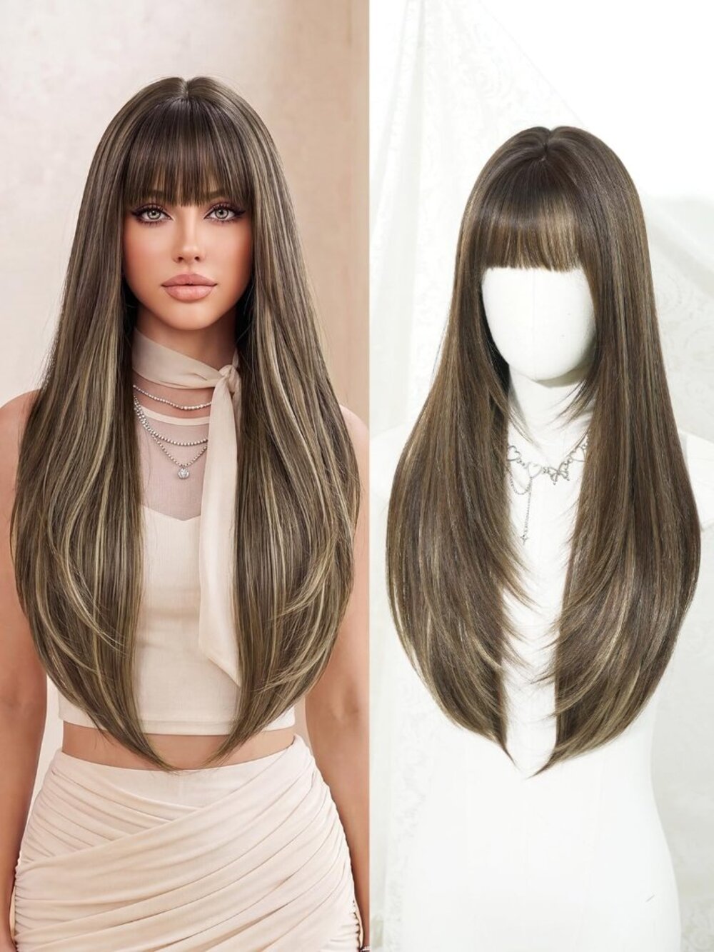 Women's Brown Blonde 26 Inch Heat Resistant Synthetic Long Straight Wigs Bangs